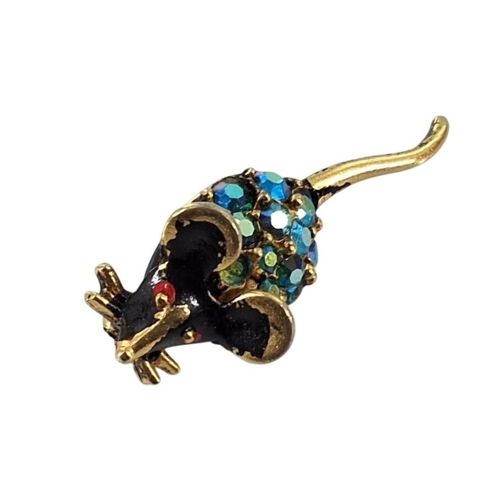 Vintage Gold Tone Black Enamel Mouse Brooch Blue Green AB Rhinestone Pin